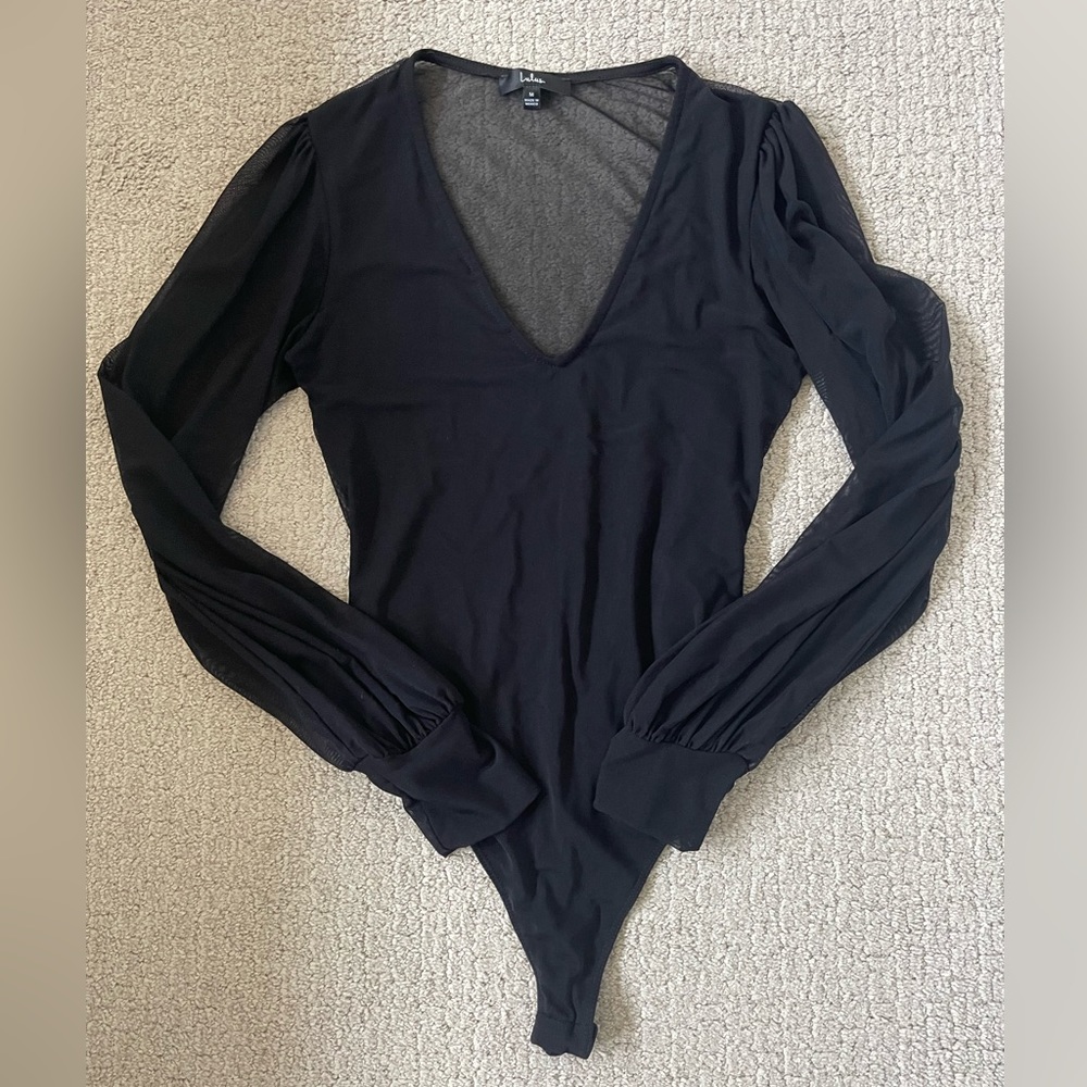 Lulu’s About It Black Mesh Long Sleeve Bodysuit - Size M